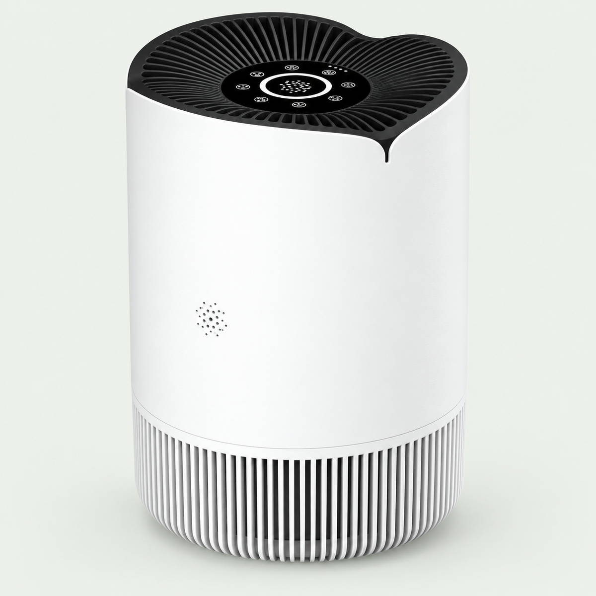 A modern white cylindrical air purifier with a black top intake grille and a ribbed white base, shown on a light gray background.